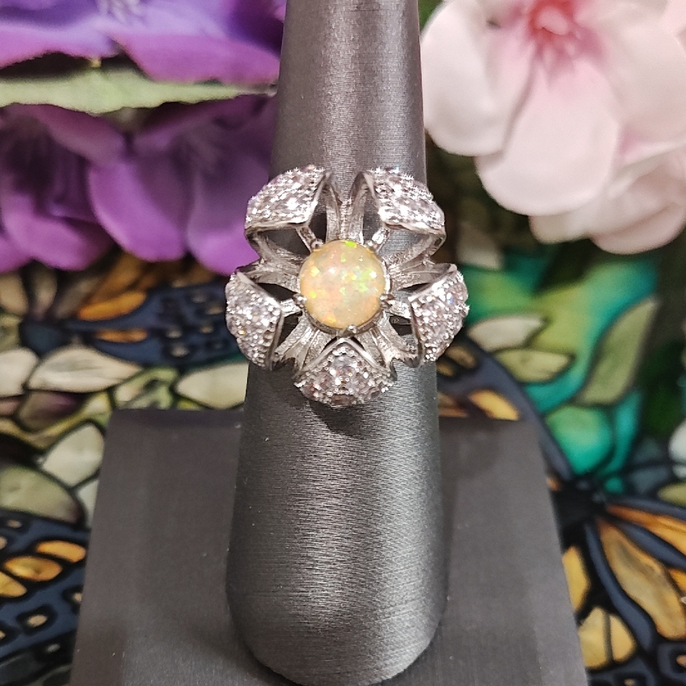 Flower Faux Diamond Fashion Ring With an Opalescent Center